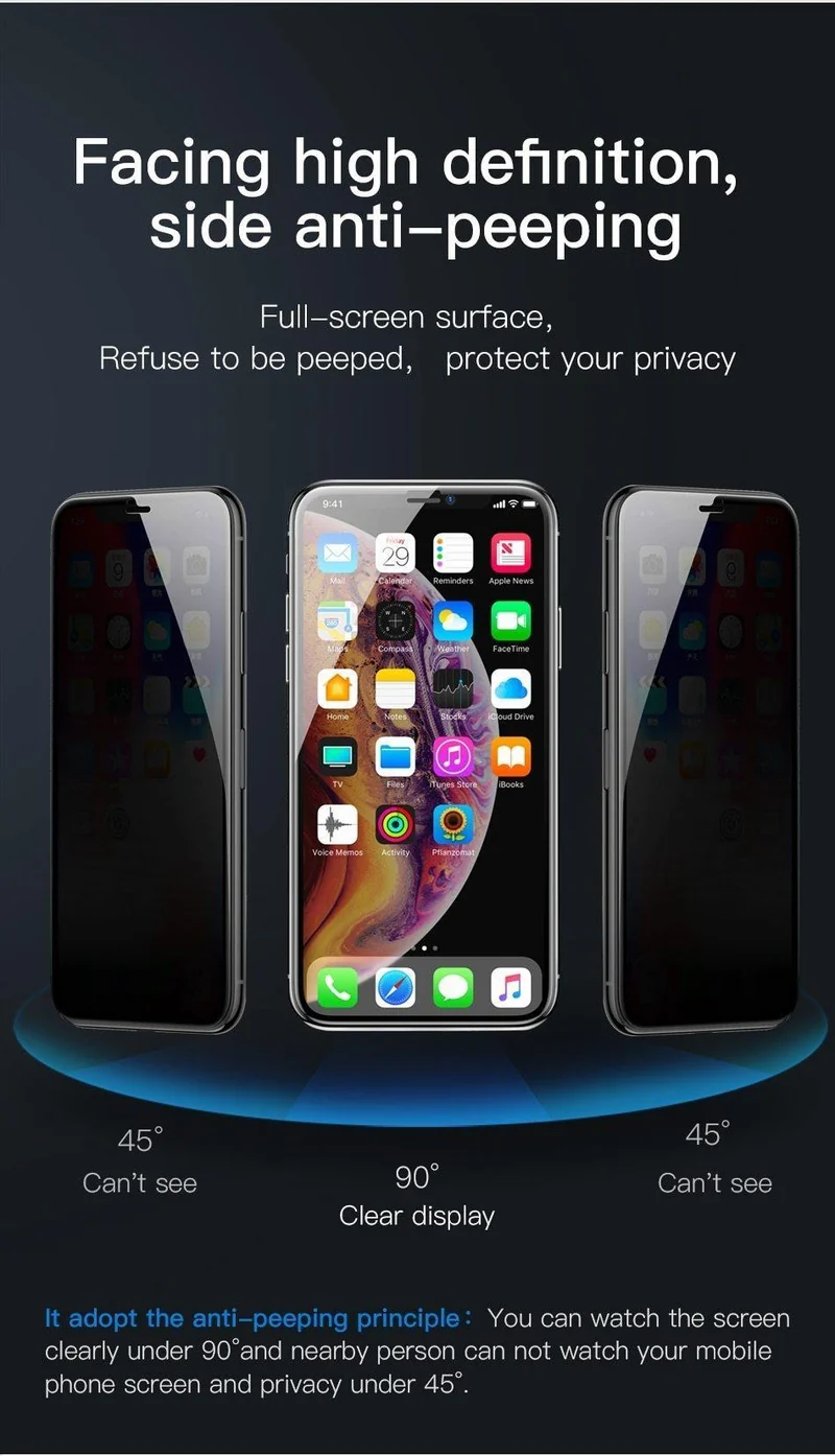 Baseus 0.23 mm Anti-Peep-Displayschutz für iPhone Xs Max XR XS gehärtetes Glas Vollabdeckung Sichtschutzfolie für iPhoneX