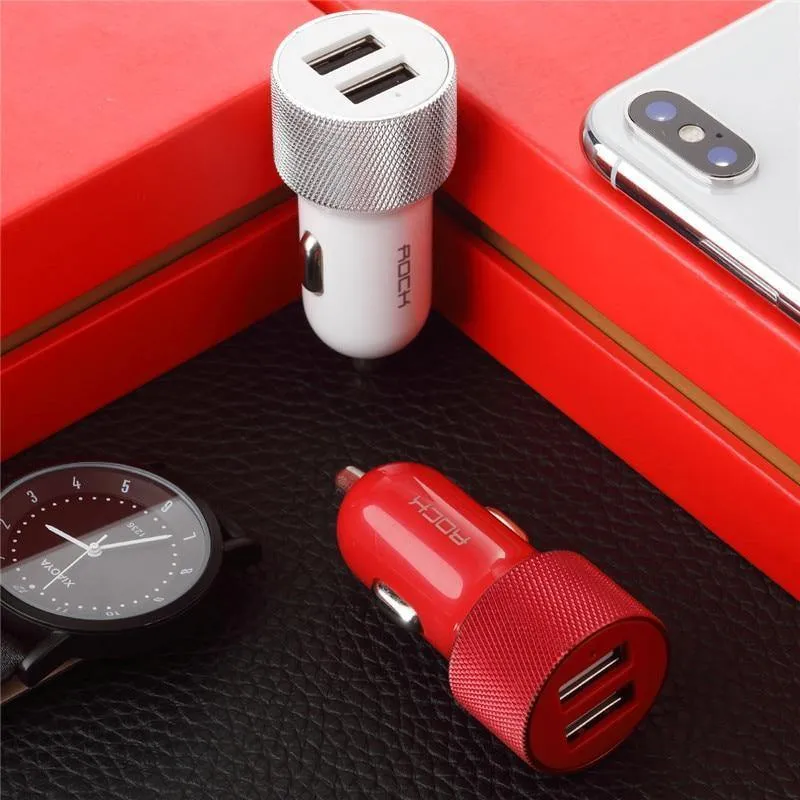 ROCK Autotelefonladegerät Dual USB-Ausgang 5V2.4A Schnelllade-Mobiltelefon-Reiseadapter Zigarettenanzünder Autotelefon USB-Ladegerät