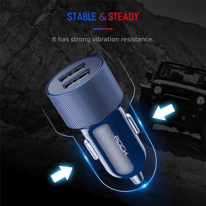 ROCK Autotelefonladegerät Dual USB-Ausgang 5V2.4A Schnelllade-Mobiltelefon-Reiseadapter Zigarettenanzünder Autotelefon USB-Ladegerät