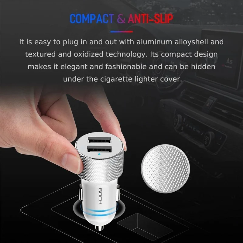 ROCK Autotelefonladegerät Dual USB-Ausgang 5V2.4A Schnelllade-Mobiltelefon-Reiseadapter Zigarettenanzünder Autotelefon USB-Ladegerät