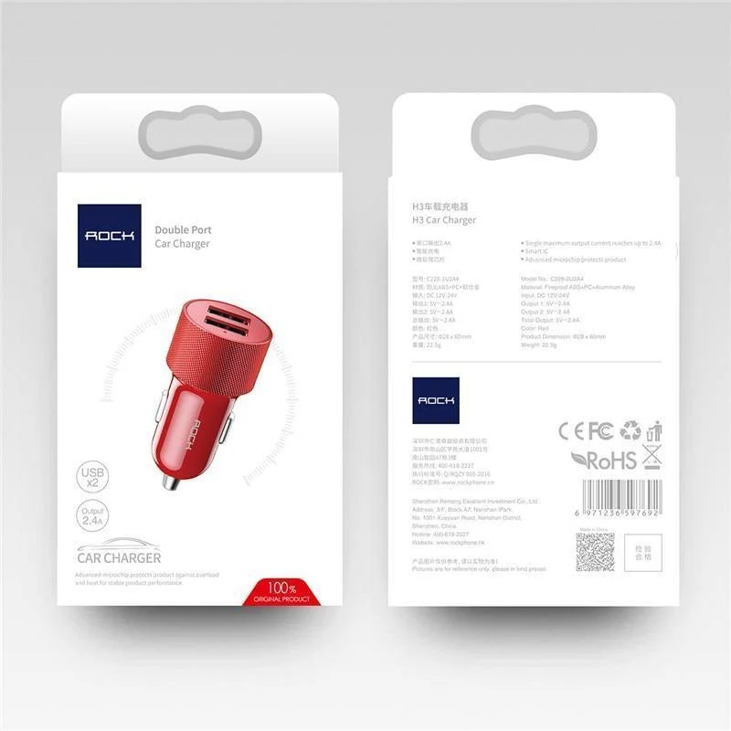 ROCK Autotelefonladegerät Dual USB-Ausgang 5V2.4A Schnelllade-Mobiltelefon-Reiseadapter Zigarettenanzünder Autotelefon USB-Ladegerät