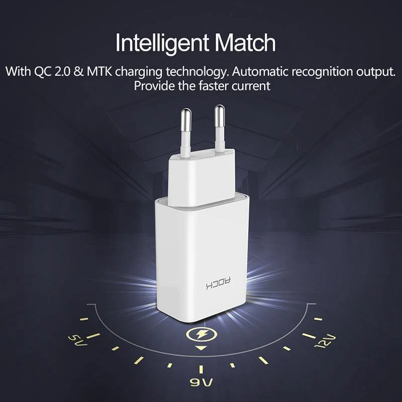 ROCK Schnellladegerät USB-Ladegerät MTK-Schnellladegerät 2 in 1-Technologie 5V2A 9V2A Universal-Schnellladegerät Ausverkauf 49%