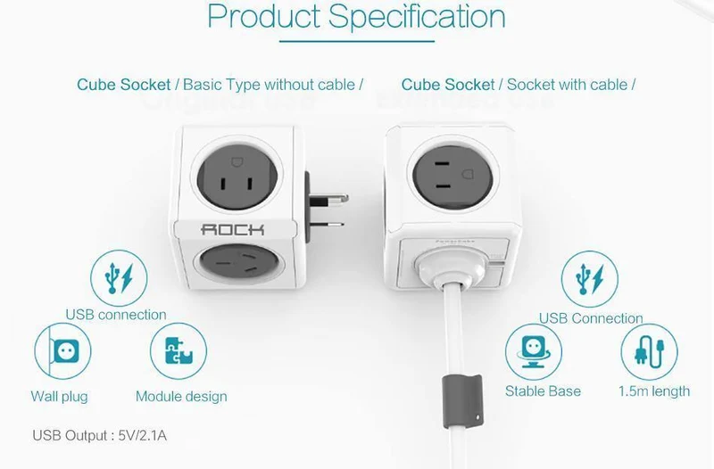 ROCK Telefon-Ladegerät mit vier Netzsteckern und zwei USB-Anschlüssen, Ladebuchse für iPhone/Samsun-Tablets mit USB-Kabel
