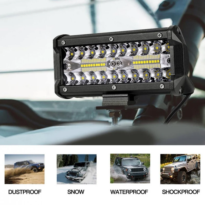 7 Zoll 120W 16000LM 6000K Weiß Dreireihiges Auto-Arbeitslicht LED-Leisten Arbeitsscheinwerferlampe für LKW-Motorrad-SUV/ATV-Auto-Boot