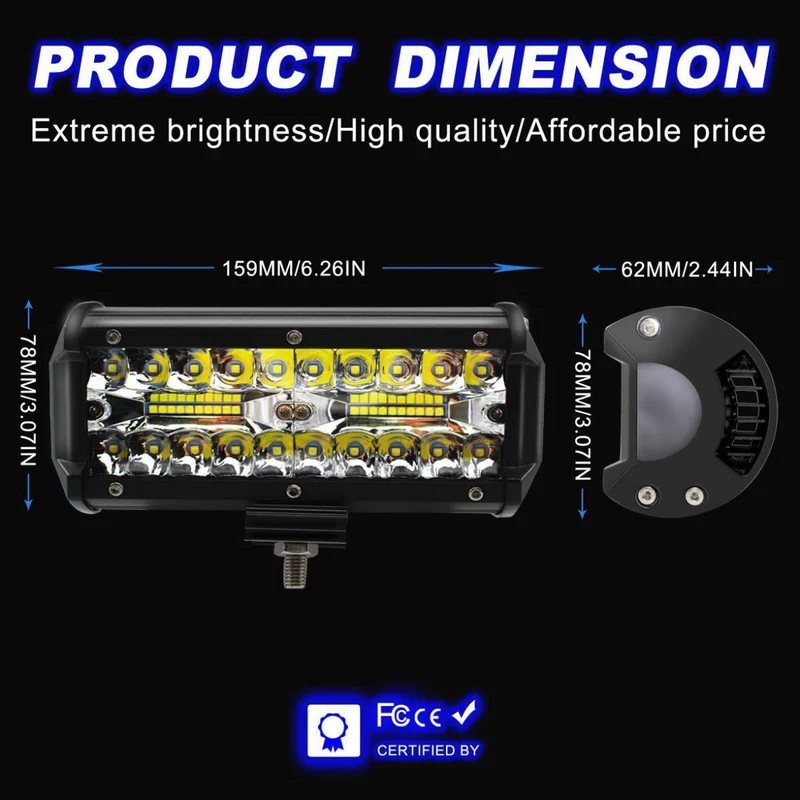 7 Zoll 120W 16000LM 6000K Weiß Dreireihiges Auto-Arbeitslicht LED-Leisten Arbeitsscheinwerferlampe für LKW-Motorrad-SUV/ATV-Auto-Boot