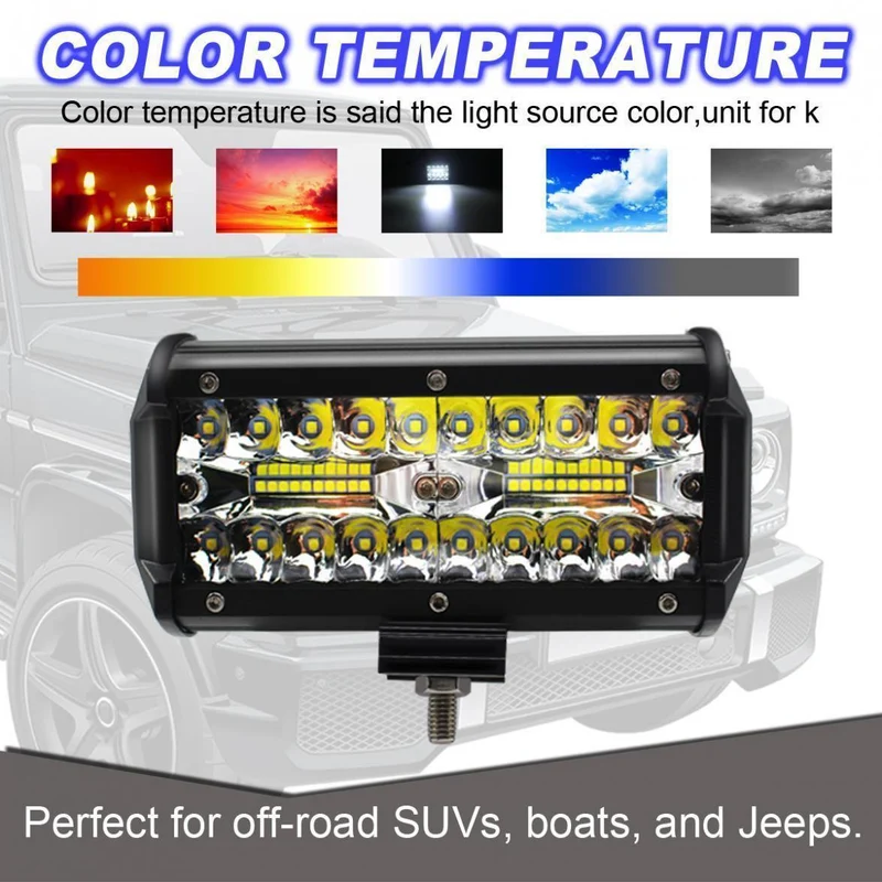 7 Zoll 120W 16000LM 6000K Weiß Dreireihiges Auto-Arbeitslicht LED-Leisten Arbeitsscheinwerferlampe für LKW-Motorrad-SUV/ATV-Auto-Boot