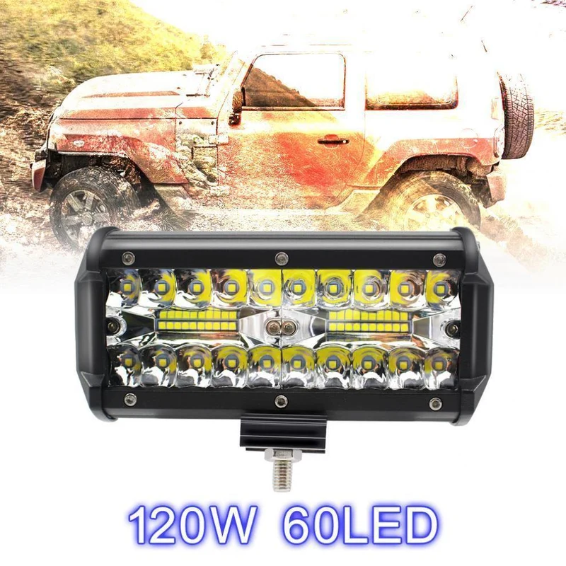 7 Zoll 120W 16000LM 6000K Weiß Dreireihiges Auto-Arbeitslicht LED-Leisten Arbeitsscheinwerferlampe für LKW-Motorrad-SUV/ATV-Auto-Boot
