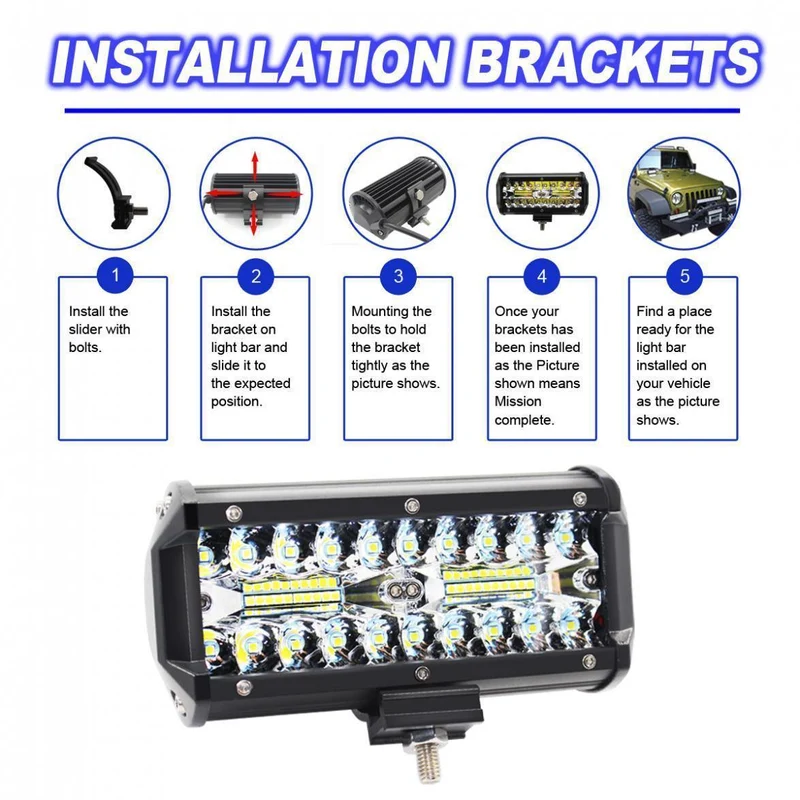 7 Zoll 120W 16000LM 6000K Weiß Dreireihiges Auto-Arbeitslicht LED-Leisten Arbeitsscheinwerferlampe für LKW-Motorrad-SUV/ATV-Auto-Boot