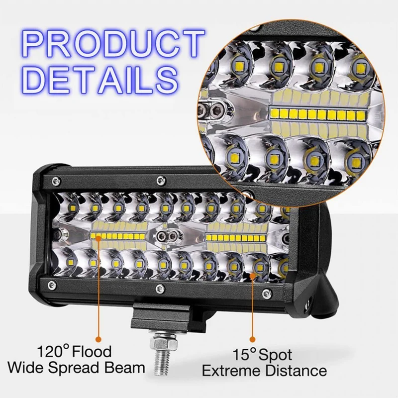 7 Zoll 120W 16000LM 6000K Weiß Dreireihiges Auto-Arbeitslicht LED-Leisten Arbeitsscheinwerferlampe für LKW-Motorrad-SUV/ATV-Auto-Boot