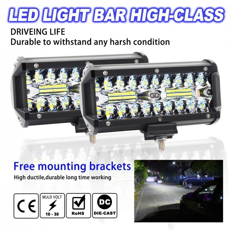 7 Zoll 120W 16000LM 6000K Weiß Dreireihiges Auto-Arbeitslicht LED-Leisten Arbeitsscheinwerferlampe für LKW-Motorrad-SUV/ATV-Auto-Boot