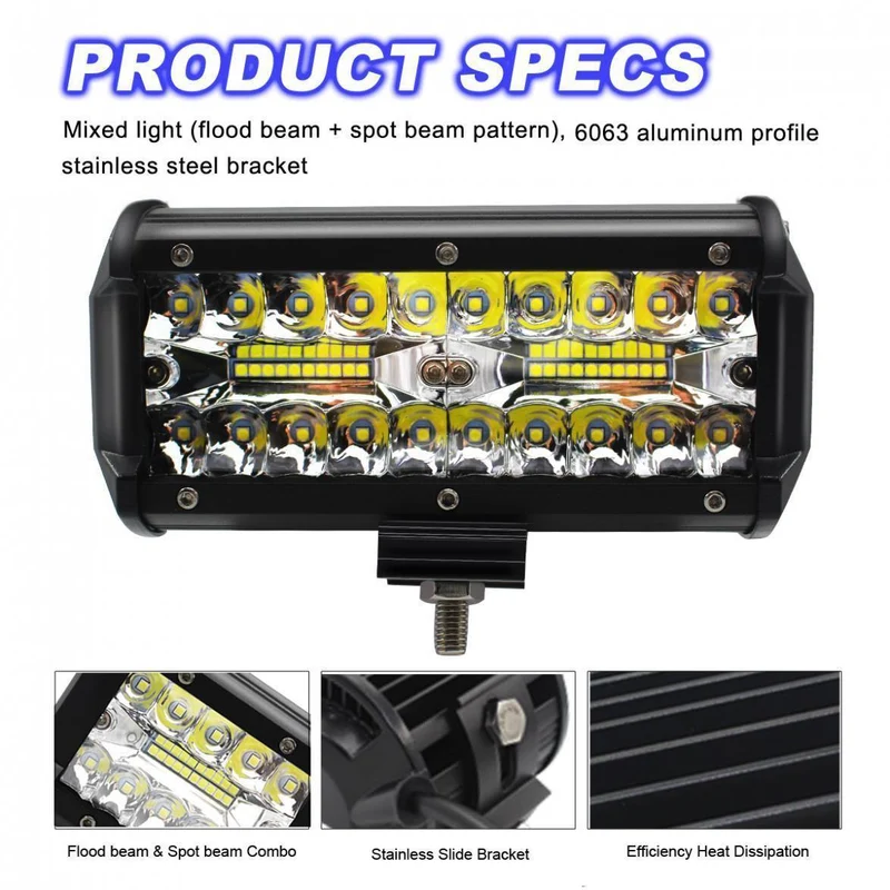 7 Zoll 120W 16000LM 6000K Weiß Dreireihiges Auto-Arbeitslicht LED-Leisten Arbeitsscheinwerferlampe für LKW-Motorrad-SUV/ATV-Auto-Boot