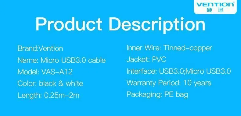 Vention Micro-USB-3.0-Kabel, 2 m, 0.5 m, schnelles USB-Ladegerät, Datensynchronisierungskabel, USB 3.0-Handykabel für Samsung S5-Festplatte