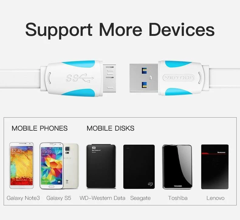 Vention Micro-USB-3.0-Kabel, 2 m, 0.5 m, schnelles USB-Ladegerät, Datensynchronisierungskabel, USB 3.0-Handykabel für Samsung S5-Festplatte