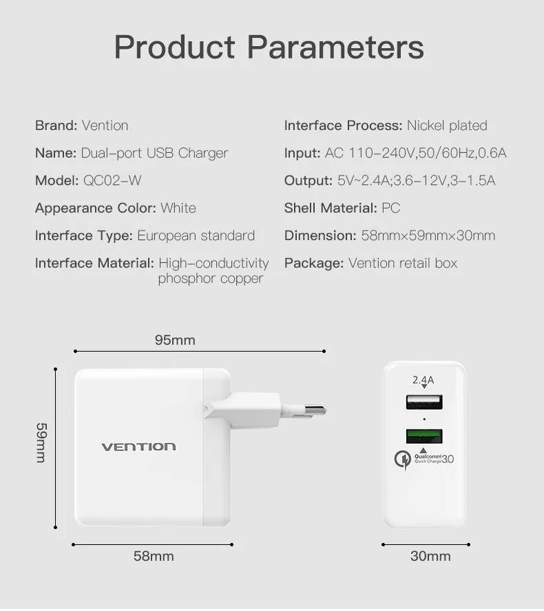 Tions Schnellladegerät 3.0 2-Port-USB-Ladegerät EU-Stecker Weiß Handy-Ladegerät für XiaoMi HTC Google QC3.0 Schnelles Wandladegerät
