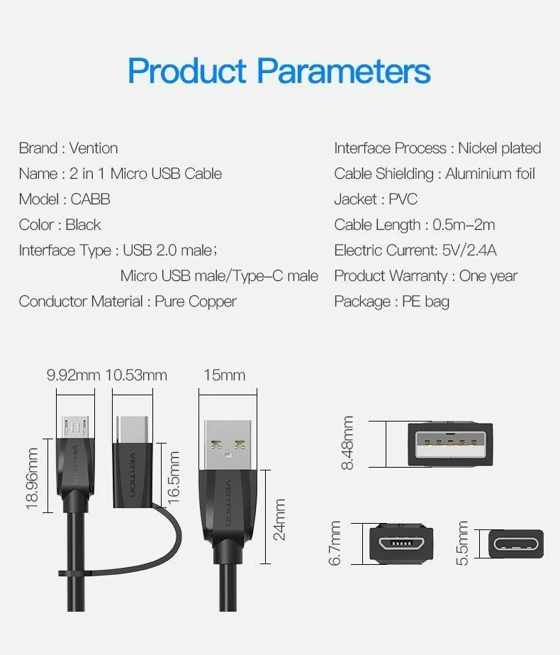 Vention Micro USB 2 in 1 Typ C Kabel USB C Super Speed ​​Ladegerät USB Kabel für MacBook Nokia Nexus 5X 6P Meizu Pro5 Xiaomi Telefon