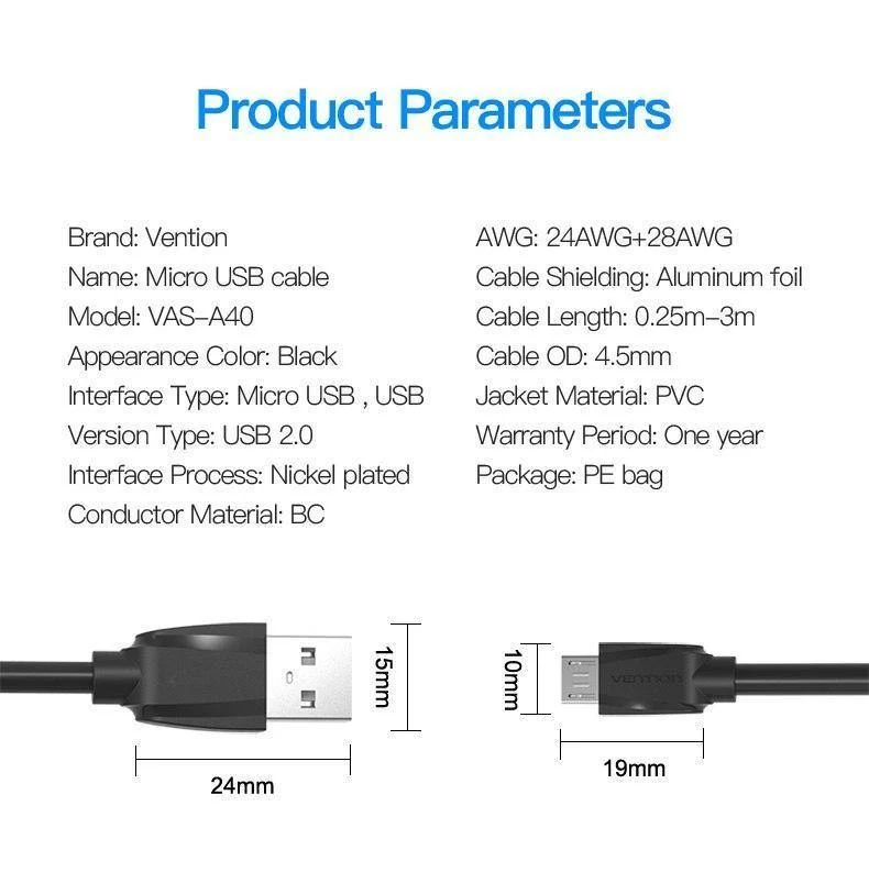 Vention Micro-USB-Kabel 1m 2m 3m 5V2A Schnellladedaten-Sync Micro-USB-Ladekabel Für Samsung Xiaomi LG Huawei Android Phone