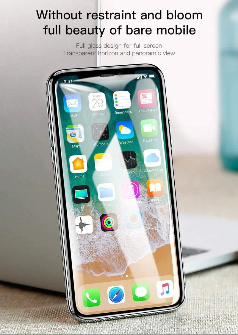 Baseus Displayschutz für iPhone X, 0.3 mm, ultradünn, 9H, 3D, vollständige Abdeckung, Schutzglas für iPhone X, gehärtete Glasabdeckung