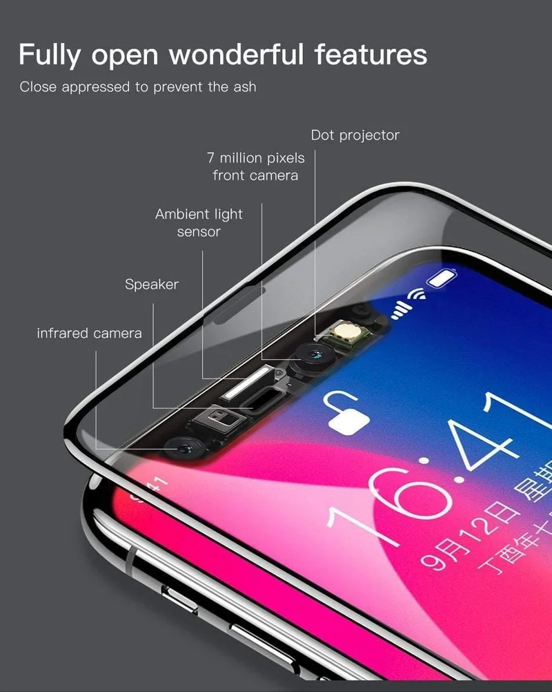 Baseus Displayschutz für iPhone X, 0.3 mm, ultradünn, 9H, 3D, vollständige Abdeckung, Schutzglas für iPhone X, gehärtete Glasabdeckung