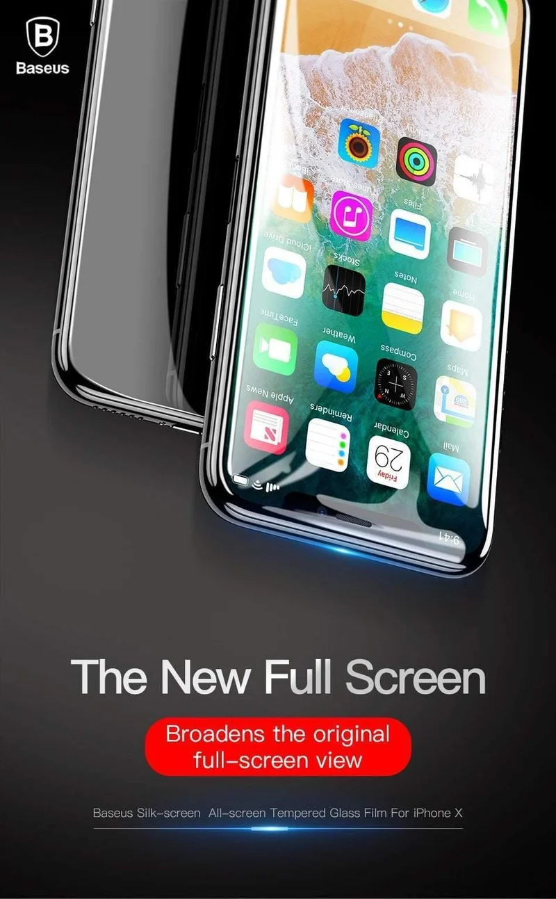 Baseus Displayschutz für iPhone X, 0.3 mm, ultradünn, 9H, 3D, vollständige Abdeckung, Schutzglas für iPhone X, gehärtete Glasabdeckung