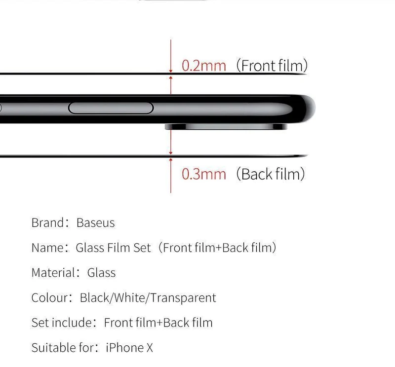 Baseus Frontglas + Rückfolie Displayschutzfolie für iPhone X gehärtetes Glas 0.3 mm ultradünn 100 % reines Glas Schutzfolie 9H
