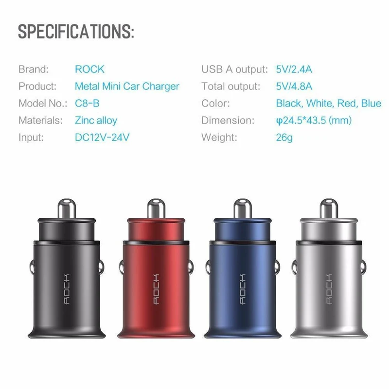 Rock 4.8 A Dual USB Autoladegerät für iPhone Samsung Huawei Xiaomi Handy Schnelles Autotelefonladegerät USB Reise-Autoladegerät