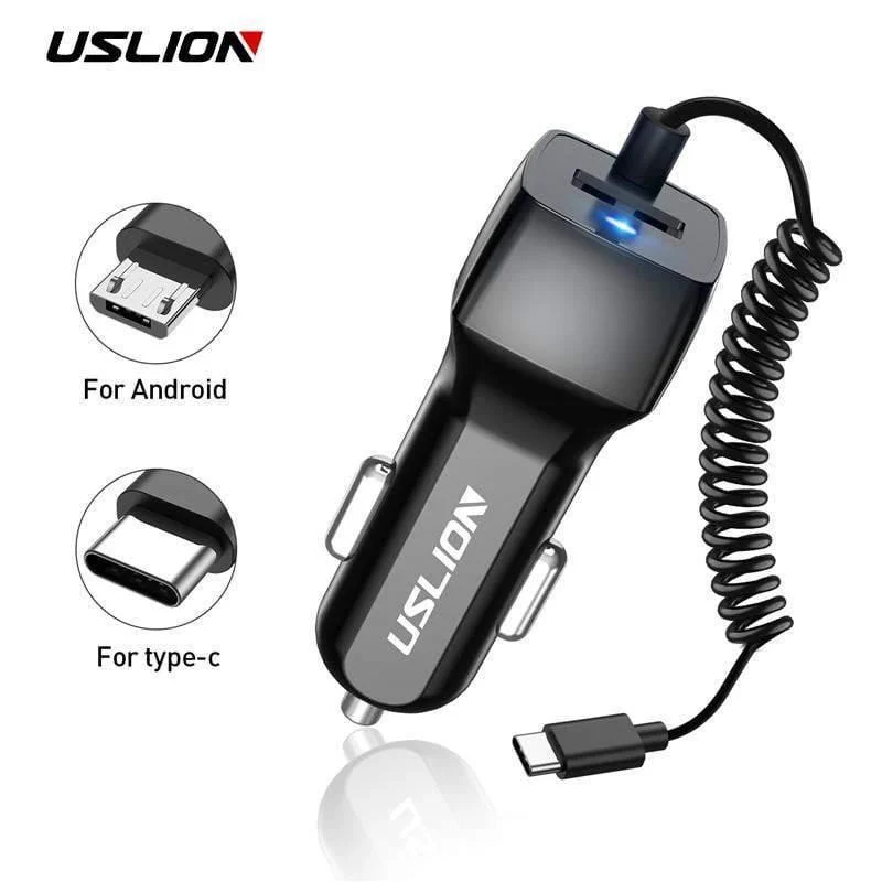 USLION USB-Autoladegerät für Samsung S9 Note 9 2.1A Telefon-Autoladegerät mit Micro-Typ-C-Kabel für Xiaomi Huawei Adapterkabel