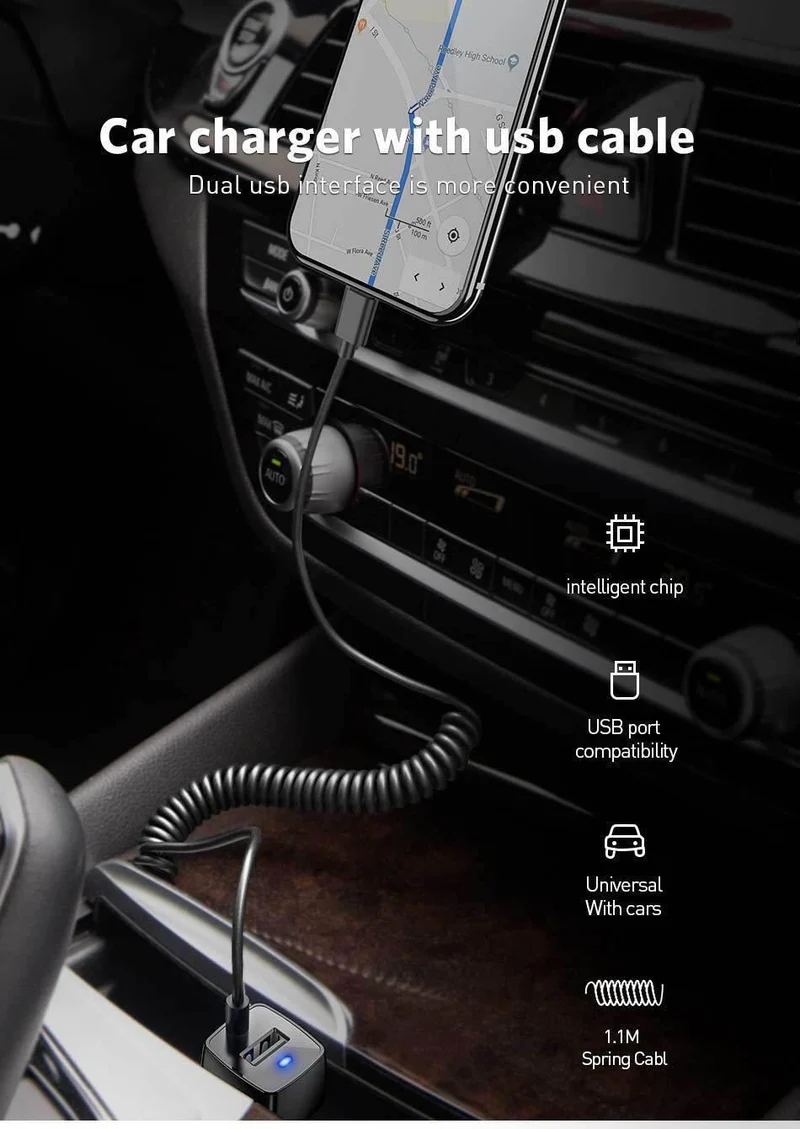 USLION USB-Autoladegerät für Samsung S9 Note 9 2.1A Telefon-Autoladegerät mit Micro-Typ-C-Kabel für Xiaomi Huawei Adapterkabel