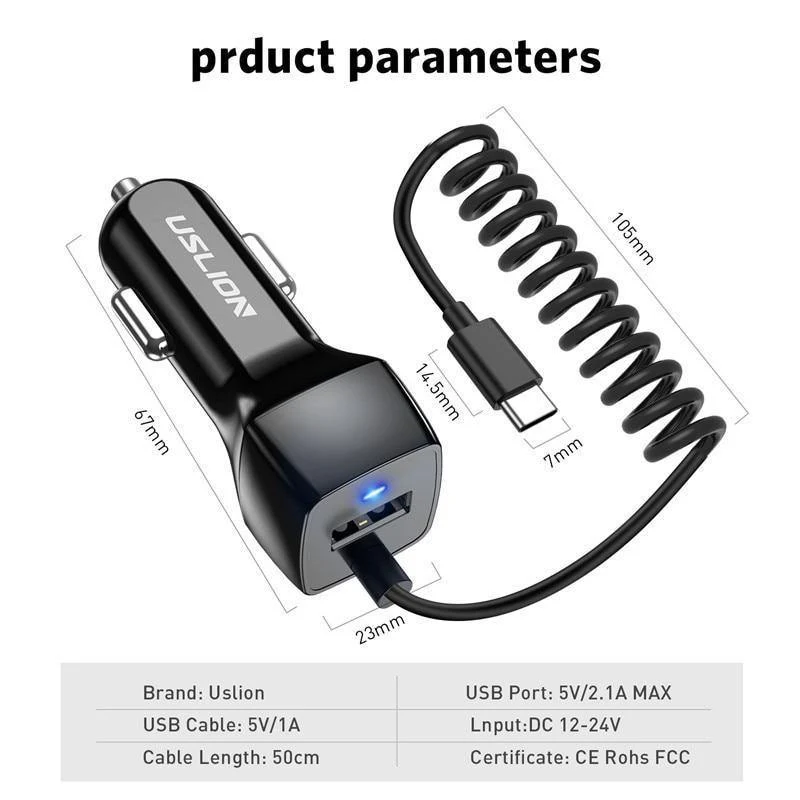 USLION USB-Autoladegerät für Samsung S9 Note 9 2.1A Telefon-Autoladegerät mit Micro-Typ-C-Kabel für Xiaomi Huawei Adapterkabel