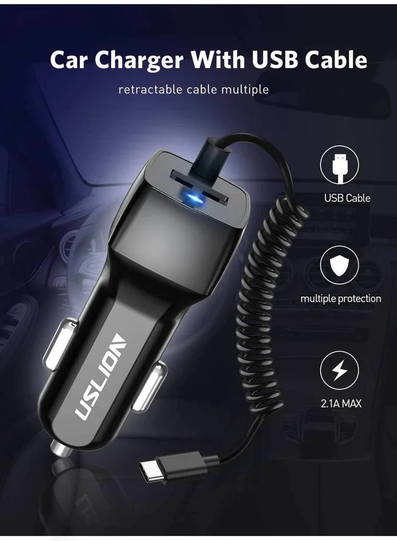 USLION USB-Autoladegerät für Samsung S9 Note 9 2.1A Telefon-Autoladegerät mit Micro-Typ-C-Kabel für Xiaomi Huawei Adapterkabel