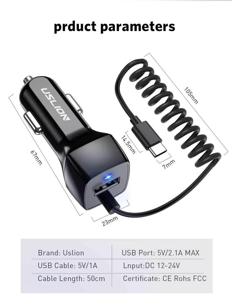 USLION USB-Autoladegerät für Samsung S9 Note 9 2.1A Telefon-Autoladegerät mit Micro-Typ-C-Kabel für Xiaomi Huawei Adapterkabel