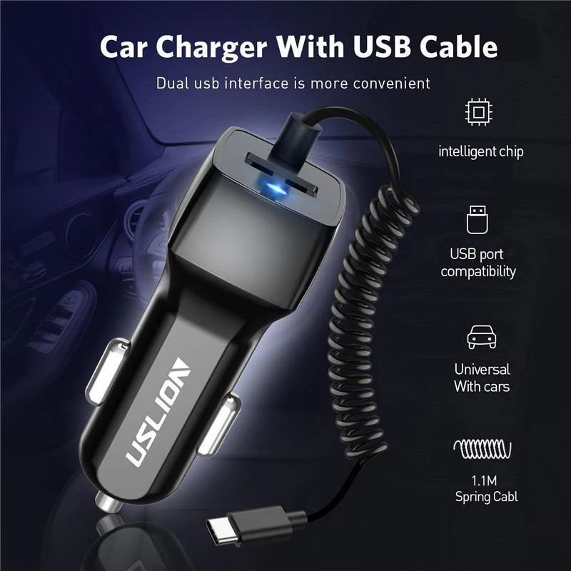 USLION USB-Autoladegerät für Samsung S9 Note 9 2.1A Telefon-Autoladegerät mit Micro-Typ-C-Kabel für Xiaomi Huawei Adapterkabel