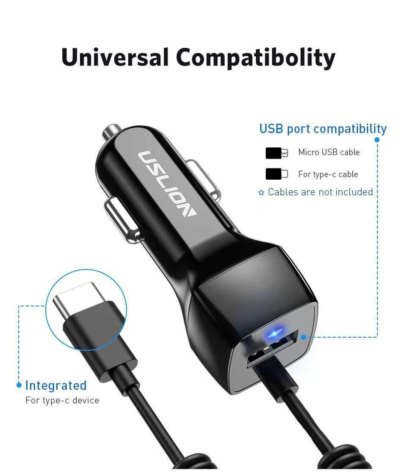 USLION USB-Autoladegerät für Samsung S9 Note 9 2.1A Telefon-Autoladegerät mit Micro-Typ-C-Kabel für Xiaomi Huawei Adapterkabel