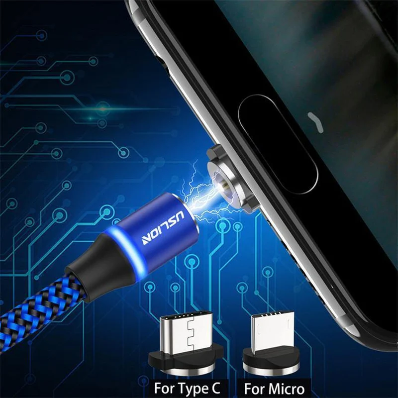 USLION Magnetkabel Micro USB Typ C Kabel LED Magnetkabel 1M Nylon geflochtenes Telefonladekabel für Samsung S9 Xiaomi F1 Cabo
