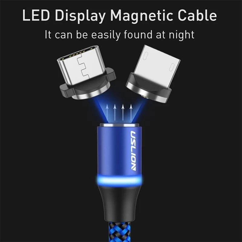 USLION Magnetkabel Micro USB Typ C Kabel LED Magnetkabel 1M Nylon geflochtenes Telefonladekabel für Samsung S9 Xiaomi F1 Cabo