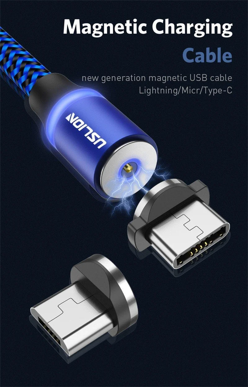 USLION Magnetkabel Micro USB Typ C Kabel LED Magnetkabel 1M Nylon geflochtenes Telefonladekabel für Samsung S9 Xiaomi F1 Cabo