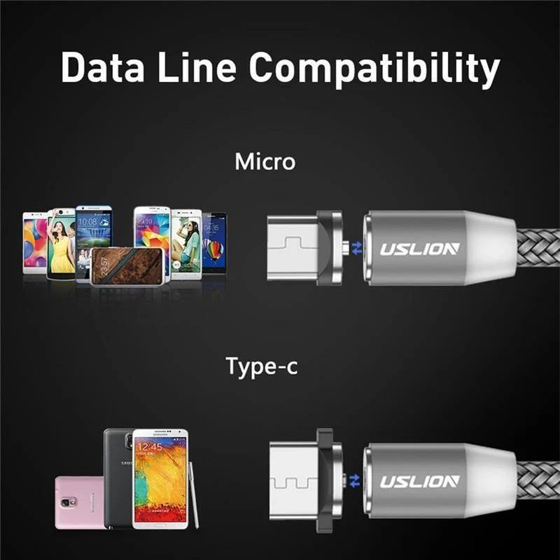 USLION 1M 2A LED Magnetkabel für Micro USB Typ C Telefonkabel für Xiaomi POCOPHONE F1 Samsung S9 Lademagnetstecker Ladegerät
