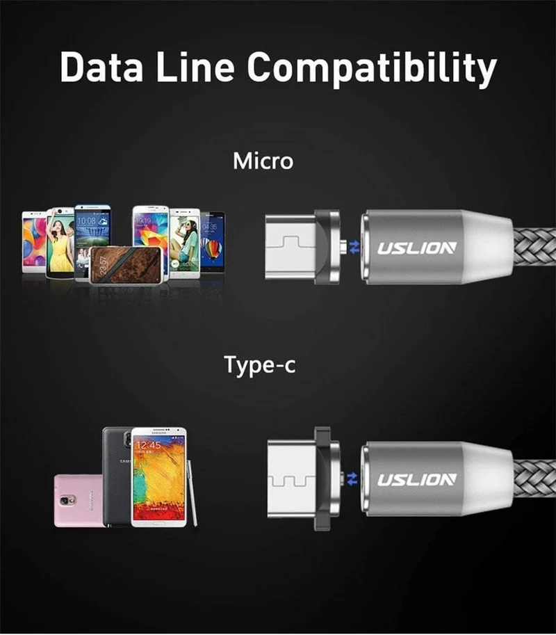 USLION 1M 2A LED Magnetkabel für Micro USB Typ C Telefonkabel für Xiaomi POCOPHONE F1 Samsung S9 Lademagnetstecker Ladegerät