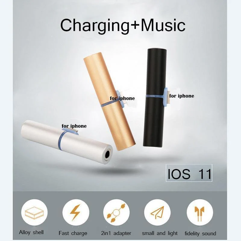 T-Typ-Dual-Adapter auf 3.5-mm-Klinken-Kopfhörer-Kopfhörer-Aux-Audio-Adapter-Konverter für Apple iPhone 8/7/7 Plus IOS 11
