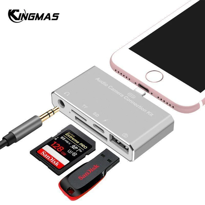 5-in-1-Lightning-Splitter auf 3.5-mm-Audio-/SD-/TF-Karte/Lade-/USB 2.0-Kamera-OTG-Adapter-Anschluss für iPhone X 8 7 6 Plus IOS 11
