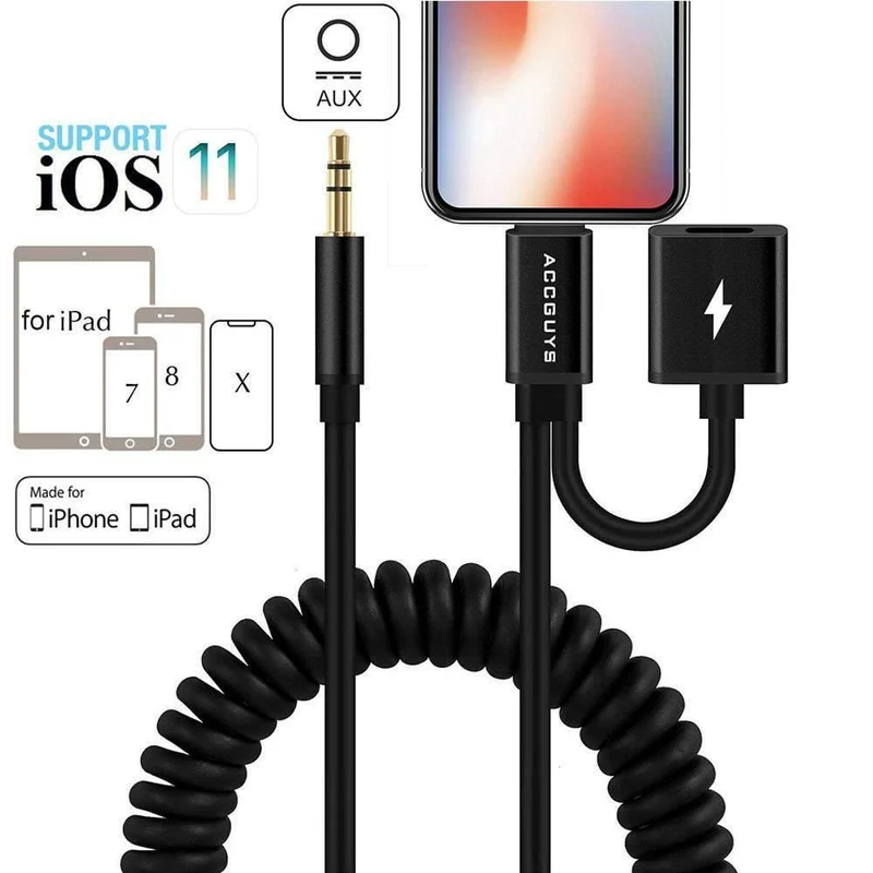 Spring Aux Adapterkabel für iPhone X 8 Plus 2 in 1 Beleuchtung auf 3.5 mm Auto-Audio-Verlängerungskonverterkabel, unterstützt iOS 11