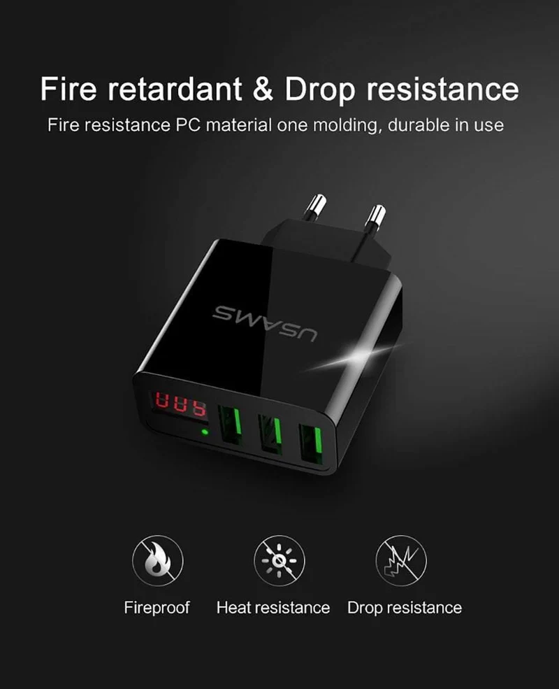 USAMS 2/3-Port USB-Telefonladegerät LED-Anzeige EU/US-Stecker Das Max 2.4A intelligente Schnelllade-Mobilladegerät für iPhone iPad