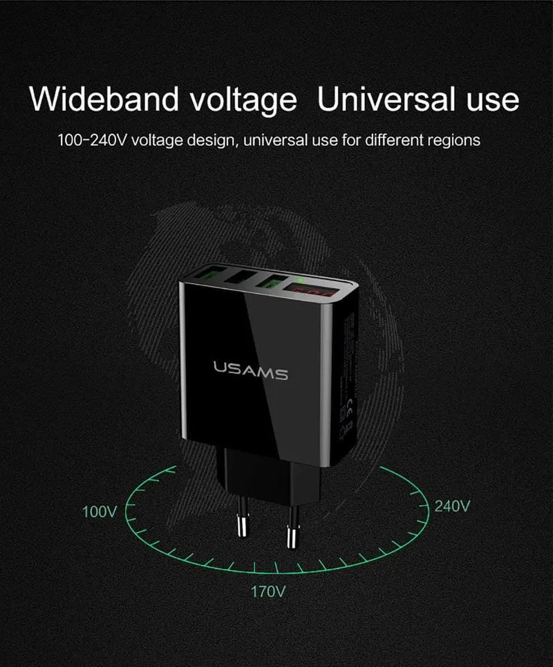 USAMS 2/3-Port USB-Telefonladegerät LED-Anzeige EU/US-Stecker Das Max 2.4A intelligente Schnelllade-Mobilladegerät für iPhone iPad