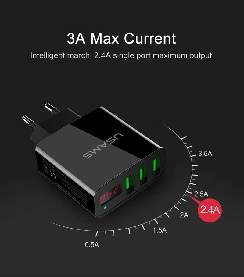 USAMS 2/3-Port USB-Telefonladegerät LED-Anzeige EU/US-Stecker Das Max 2.4A intelligente Schnelllade-Mobilladegerät für iPhone iPad