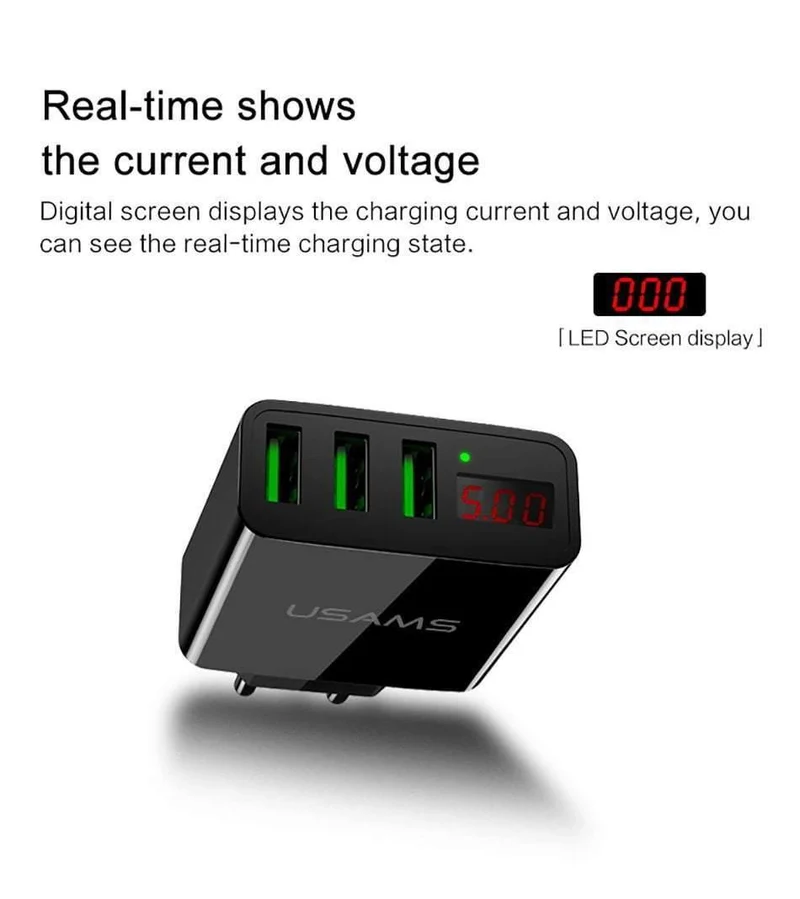 USAMS 2/3-Port USB-Telefonladegerät LED-Anzeige EU/US-Stecker Das Max 2.4A intelligente Schnelllade-Mobilladegerät für iPhone iPad