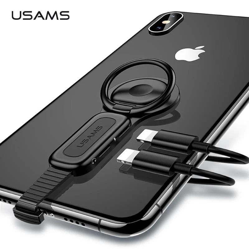 Beleuchtung Dual Adapter & Ring Halter USAMS 3.5mm Audio & ladegerät Einstellen Telefon Halter schnelle lade für iPhone iOS Adapter OTG