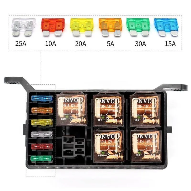 Universal DC 12V Auto Marine Boot 6-Wege-Relais + 6-Slot ATO/ATC Blade Sicherungshalter Box Block Auto Auto Ersatzteile Sicherungen