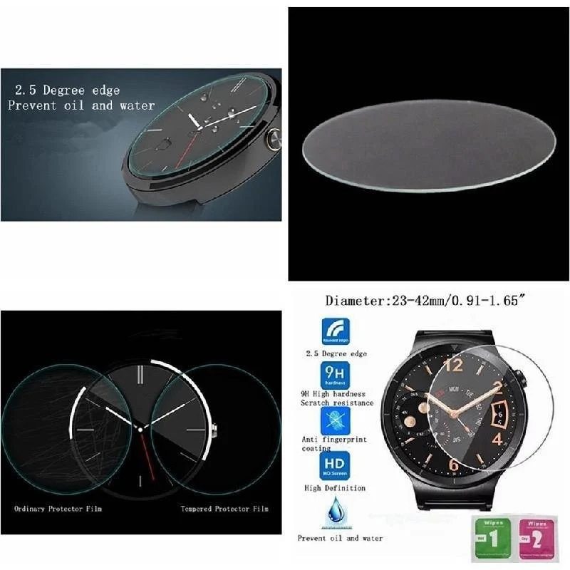 Runde Uhr mit Durchmesser 31 mm / 34 mm / 35 mm / 36 mm / 38 mm / 42 mm. Smart Watch aus gehärtetem Glas.