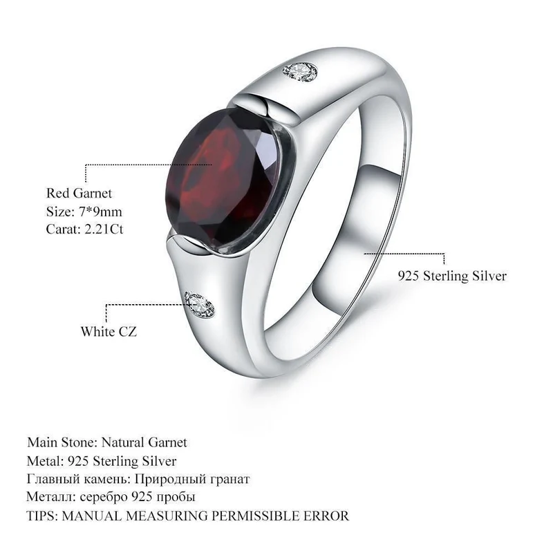 2.21 ct natürlicher roter Granat-Edelstein-Ehering für Damen, echter massiver 925er-Sterlingsplitter, feiner Schmuck