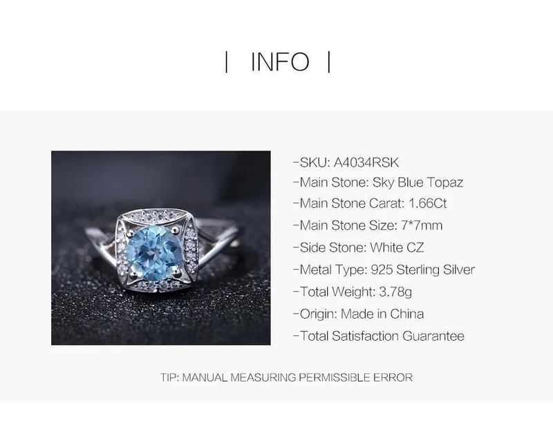 925 Sterling Silber Ringe für Frauen Himmelblau Topas Ring Edelstein Kissen Romantisches Geschenk Verlobungsschmuck