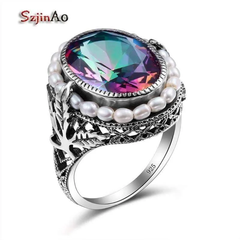 Rose Pearl Jewelry Mystic Rainbow Topaz Berühmte Marke Damen Ring Vintage Silber 925 Schmuck
